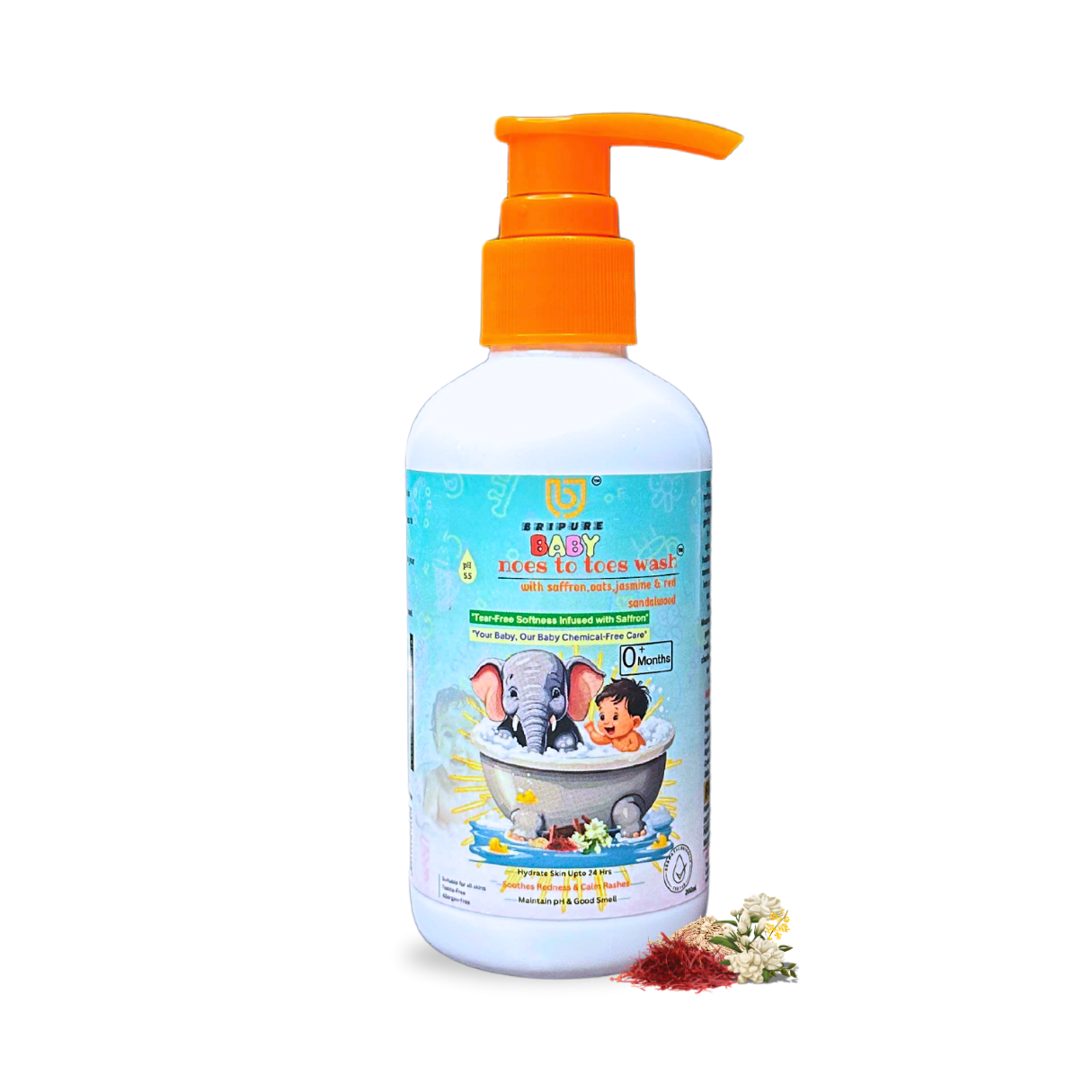 Bripure Noes to Toes Baby Body Wash For Kids Upto 0+ Years| Treats Redness & Rashes,Maintain pH 5.5,Hydrate Skin Upto 18hrs| Enriched In Kesar,Jasmine,Oats Milk & Red Sandalwood | 100% Tear Free,Gentle & Chemical Free Care - 200ml