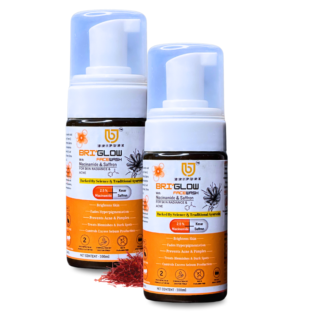 Combo Of Bripure's Bri'Glowโข๏ธ Foaming Facewash With Kesar & 2.5% Niacinamide | World First Unique Combination Of Ayurveda & Science | Treats Acne & Pimples, Controls Excess Sebum Production, Brightens Skin| For All Skin,Age & Genders | 100ml ( Pack Of 2 )