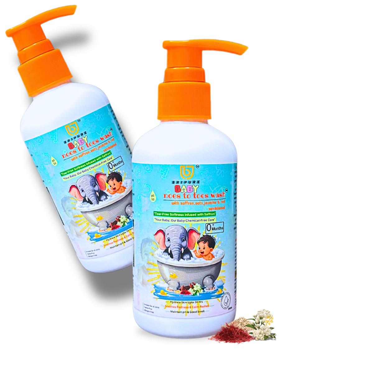 Combo of Bripure Noes to Toes Baby Body Wash For Kids Upto 0+ Years| Treats Redness & Rashes,Maintain pH 5.5,Hydrate Skin Upto 18hrs| Enriched In Kesar,Jasmine,Oats Milk & Red Sandalwood | 100% Tear Free,Gentle & Chemical Free Care - 200ml ( Pack of 2 )